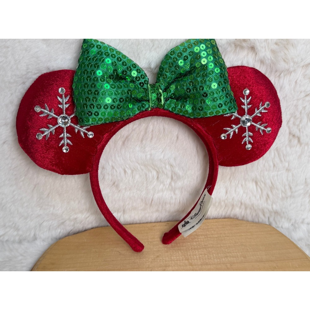 Disney Parks Minnie Mouse Holiday Ear Headband Red Velvet Green Sequin Snowflake